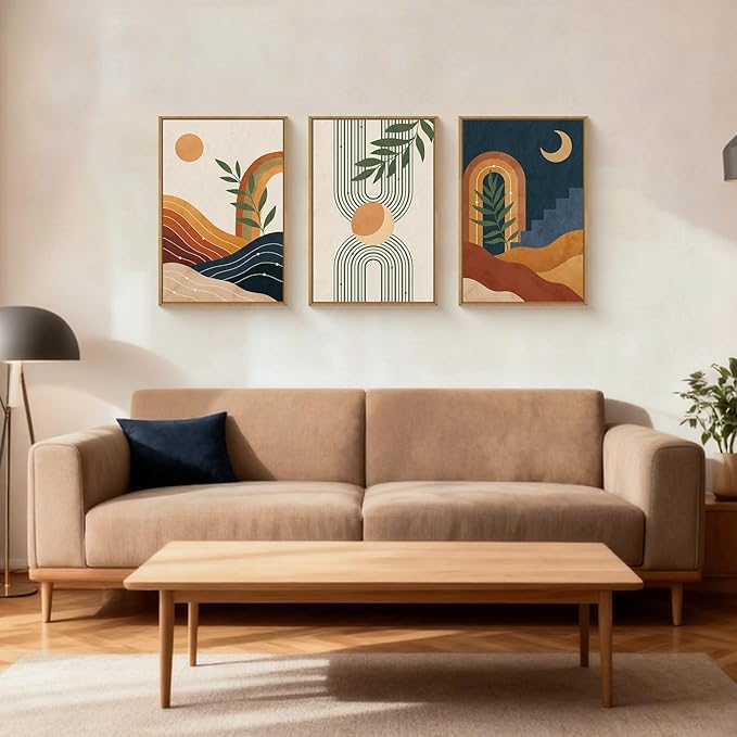 FWIEXA Mid Century Modern Wall Art Set of 3, Vintage Boho Framed Canvas Wall Decor, Minimalist Geometric Sun Moon Line Wall Prints, Abstract Green Leaf Painting, 24x36In Modern Navy Blue Artwork for Living Room,Bedroom