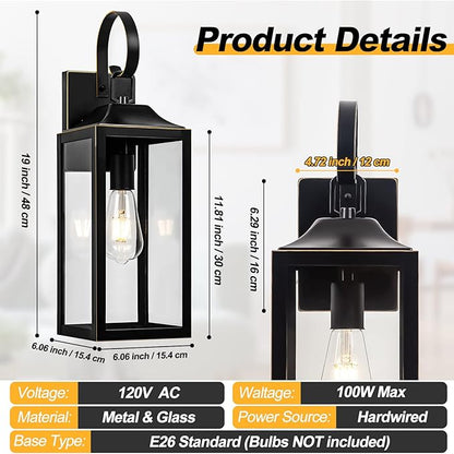 19" Large Outdoor Wall Light, Black Outside Light for House Outdoor Sconce Wall Lighting Fixture, Farmhouse Exterior Wall Mount Lantern for Porch, Waterproof Glass Patio Lamp, Black with Gold Trim