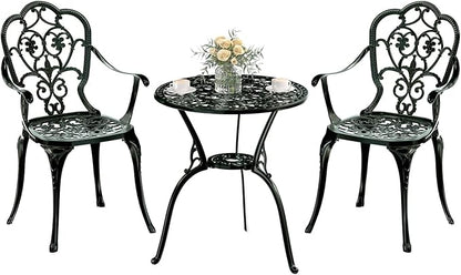 Patio Bistro Set of 2, Cast Aluminum, Outdoor Set w/Umbrella Hole, 3 Piece Table and Chairs Set, Bistro Set for Backyard/Garden/Lawn, Green