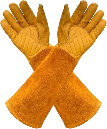 Gardens Leather Gardening Gloves for Women and Men | Thorn and Cut Proof Garden Work Gloves with Long Heavy Duty Gauntlet | Suitable For Thorny Bushes Cacti Rose (Large, Yellow)