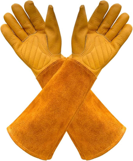 Gardens Leather Gardening Gloves for Women and Men | Thorn and Cut Proof Garden Work Gloves with Long Heavy Duty Gauntlet | Suitable For Thorny Bushes Cacti Rose (Medium, Yellow)