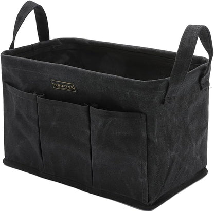 Storage Tool Case, 13.8 x 7.8 x 7.8 Inches, Rectangular Waxed Canvas Fabric Collapsible Tool Bag with Handles for Tools,Wrench Set,Screwdrivers (Black)