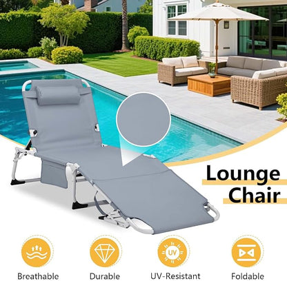 HRVEOCEI 3-in-1 Sun Tanning Chair with Face Hole,Adjustable 5-Position Folding Laying Out Chairs for Tanning,Outdoor Face Down Beach Lounger Sun Bathing Lounge Chair for Pool Deck Patio (Grey)