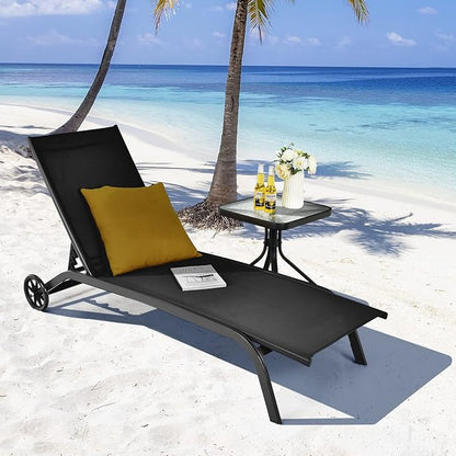 COSTWAY Outdoor Chaise Lounge with Wheels, 6-Position Adjustable Tanning Chair with Stable Aluminum Frame, Portable Sun Bathing Lounge Chair for Backyard, Garden, Poolside (Black)