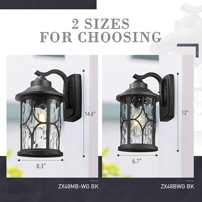 zeyu 14.6 Inch Outdoor Porch Light, Farmhouse 1-Light Outdoor Wall Sconce, Die-Cast Aluminum in Black Finish, Clear Water Ripple Glass, ZX48MB-WG BK