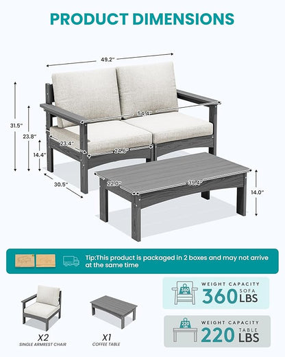 SERWALL 3 Pieces Patio Sofas, All-Weather Outdoor Couch Sectional Set, Patio Conversation Set with Cushions and Coffee Table for Balcony, Garden, Backyard, Poolside, Grey Frame with Khaki Cushion