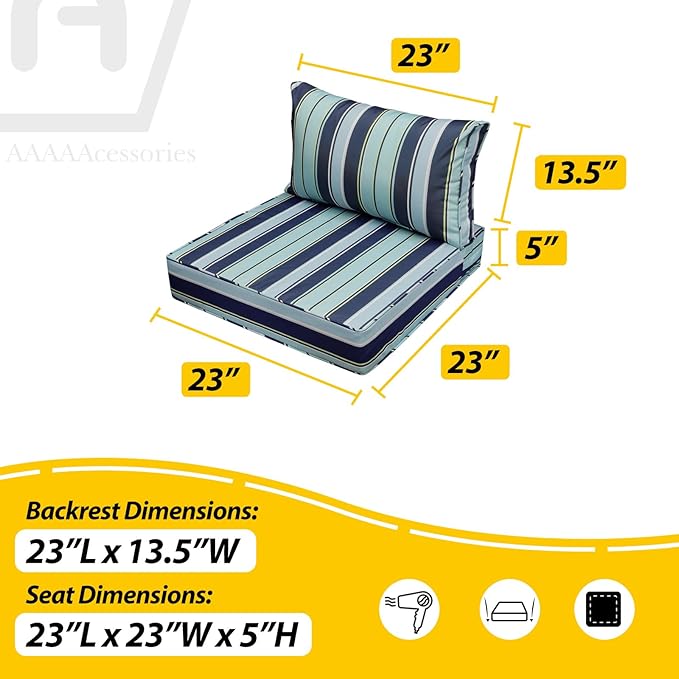 AAAAAcessories Outdoor Seat Cushions for Chairs, Fade-Resistant, Waterproof Patio Furniture Replacement Cushions, 23" x 23" x 5" + 23" x 13.5", Ash Teal Seaside Stripe