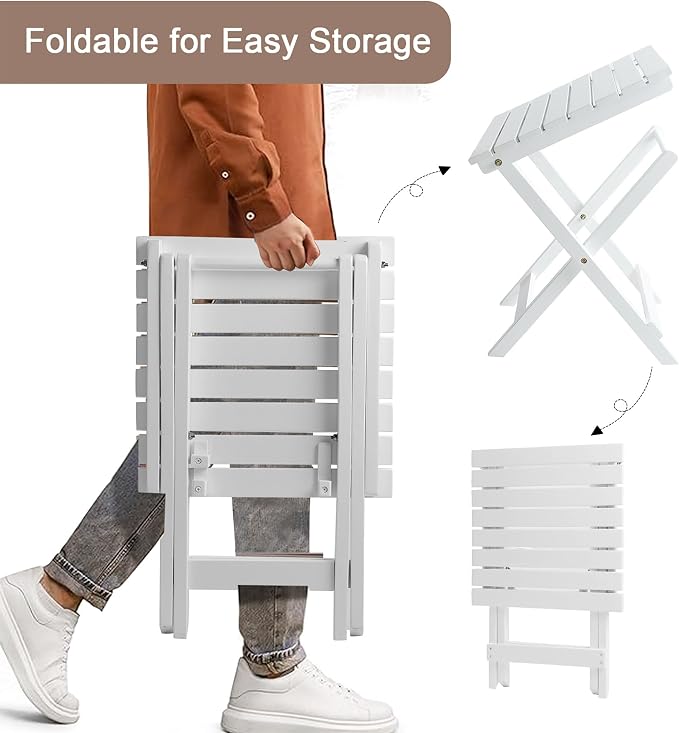 Outdoor Wooden Side Table, Folding Patio End Table Set of 2, Small Square Furniture Table for Adirondack Chair, Balcony, Porch, No Assembly, White