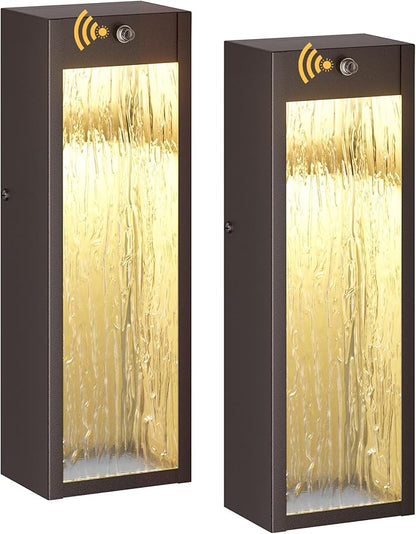 Dusk to Dawn LED Outdoor Wall Light 2 Pack, Bronze 15in Exterior Waterproof Porch Sconces, Large Modern Water Rippleed Outdoor Lighting Wall Mounted Outside Lantern for Garage Front Door