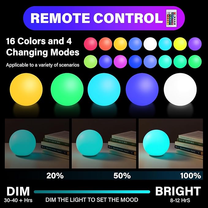 Orb Lamp | Rechargeable Colourful 16 RGB Colours LED Ball Light with Remote | Mood Lamp Globe Light Ball for Table or Bedroom | Modern Round Sphere Design | Indoor Color Changing Dome Accent