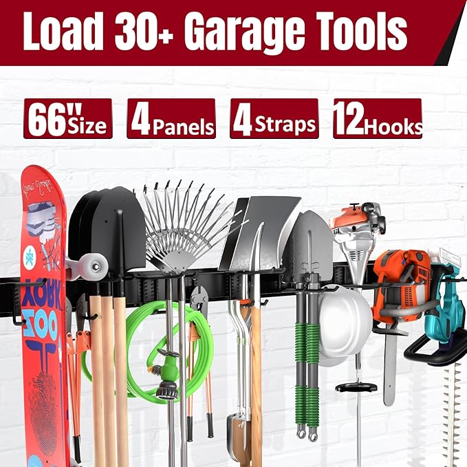 66" Garage Tool Organizer Wall Mount,20 PCS Wall Mounted Garden Tool Storage Rack Carries 720lbs, 4-Panel Steel Tool Hanger System for Shovels Rakes Brooms – Fits 16" Wall Studs