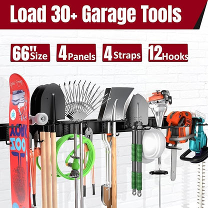 66" Garage Tool Organizer Wall Mount,20 PCS Wall Mounted Garden Tool Storage Rack Carries 720lbs, 4-Panel Steel Tool Hanger System for Shovels Rakes Brooms – Fits 16" Wall Studs