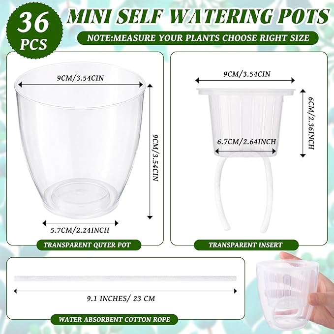 36pcs Self Watering Pots, Plastic Plant Pot with Inner Pot Self Watering Wick Planter pots for Indoor House Plants, Flowers, Succulents (3.5inch,Transparent)