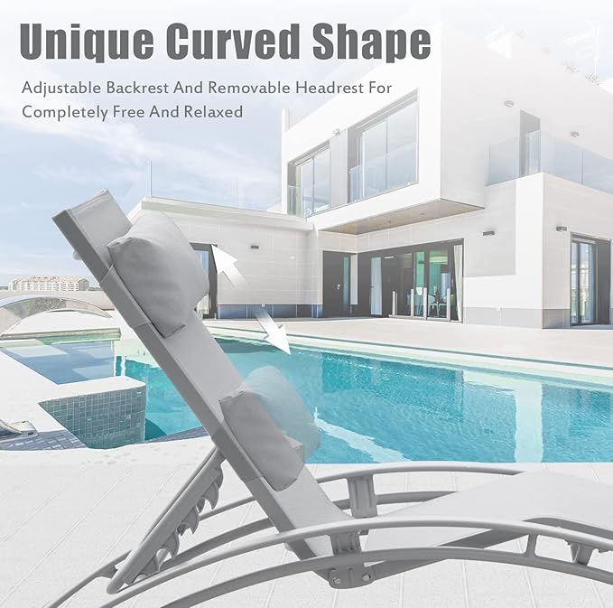 Domi Outdoor Chaise Lounge Set of 3 Patio Recliner Chairs with Adjustable Backrest and Removable Pillow for Indoor&Outdoor Beach Pool Sunbathing Lawn Gray