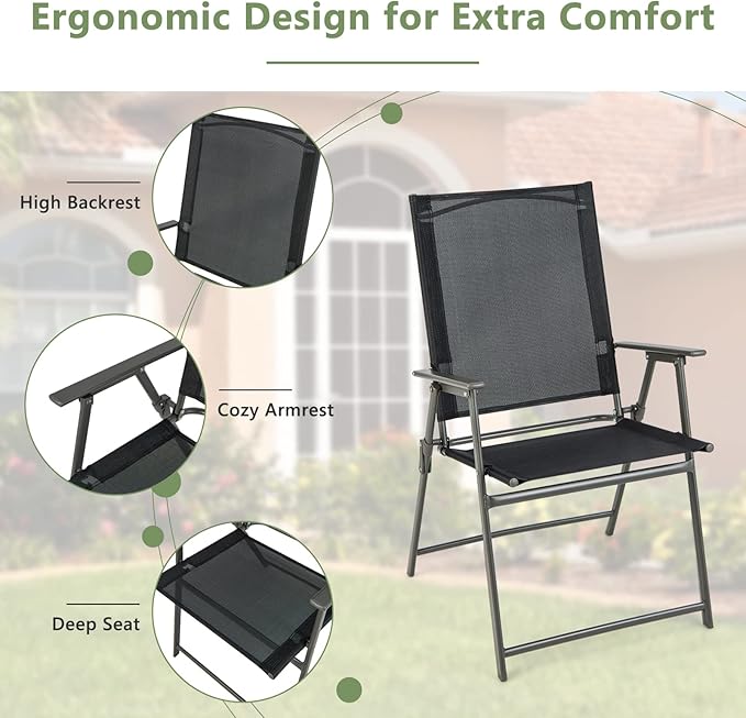 Giantex Patio Folding Chairs Set of 2, Outdoor Lawn Chairs with Rustproof Metal Frame, Portable Dining Chairs for Porch, Deck, Garden, Backyard, Camping