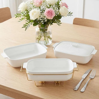 Casserole Dish with Lids 1.9 Quart Ceramic Bakeware Set with Lids and rack, 10 x 7 Lasagna Pan Deep with Lid, Rectangular Bakeware With Handle, Microwave, Dishwasher, Oven Safe, White
