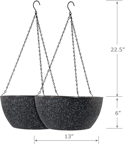 13 inch Large Hanging Planters Plant Pots for Outdoor Indoor Plants with Drainage Holes and Chain, 2 Pack Round Hanging Flower Pots for Garden Home Porch Decor, Speckled Black
