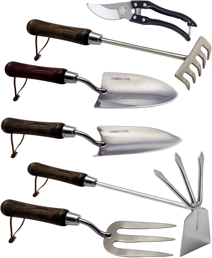 Garden Tool Set, 6PCS Heavy Duty Stainless Steel Gardening Hand Tools with Ropes, Includes Hand Cultivator Shovel Trowel Transplanter 2-in-1 Hoe Pruner, Ideal Gardening Gifts for Women Men (Classic)