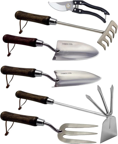 Garden Tool Set, 6PCS Heavy Duty Stainless Steel Gardening Hand Tools with Ropes, Includes Hand Cultivator Shovel Trowel Transplanter 2-in-1 Hoe Pruner, Ideal Gardening Gifts for Women Men (Classic)