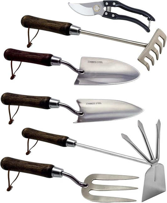 Garden Tool Set, 6PCS Heavy Duty Stainless Steel Gardening Hand Tools with Ropes, Includes Hand Cultivator Shovel Trowel Transplanter 2-in-1 Hoe Pruner, Ideal Gardening Gifts for Women Men (Classic)