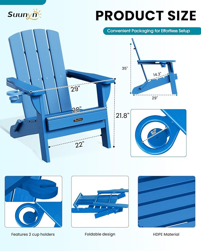 Folding Adirondack Chair, HDPE All-Weather Fire Pit Chairs, Plastic Adirondack Chairs with 2 Cup Holder, Outdoor Lawn Chair for Patio Garden (Royal Blue)