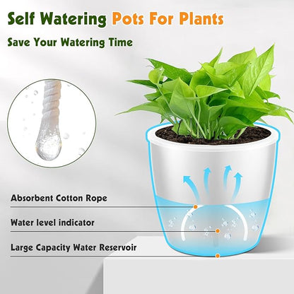 Self-Watering Pots for Indoor Plants, 18-Pack 5'' Self Watering Planter with Drainage Holes, Small African Violet Pots with Water Indicator, Clear Wick Pot for Orchids, White