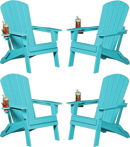 Plawdlik Folding Adirondack Chair, SGS Tested, Wooden Textured with Cup Holder, Heavy All-Weather HDPE Comfortable Set Poolside Backyard Lawn Aruba Blue Set 4