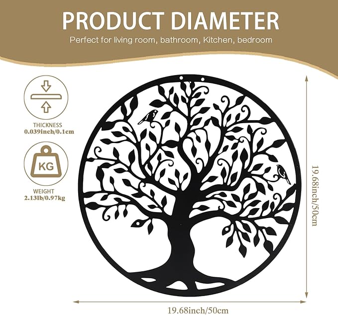 SOBEIT 20inch Tree of Life Metal Wall Art,Bird Tree Metal Wall Decor, Round Family Tree Wall Art for Wall Hanging, Garden, Home Decor, Living Room,Bedroom, Indoor, Outdoor(Black)