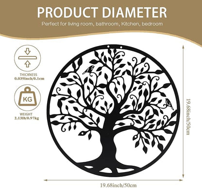 SOBEIT 20inch Tree of Life Metal Wall Art,Bird Tree Metal Wall Decor, Round Family Tree Wall Art for Wall Hanging, Garden, Home Decor, Living Room,Bedroom, Indoor, Outdoor(Black)
