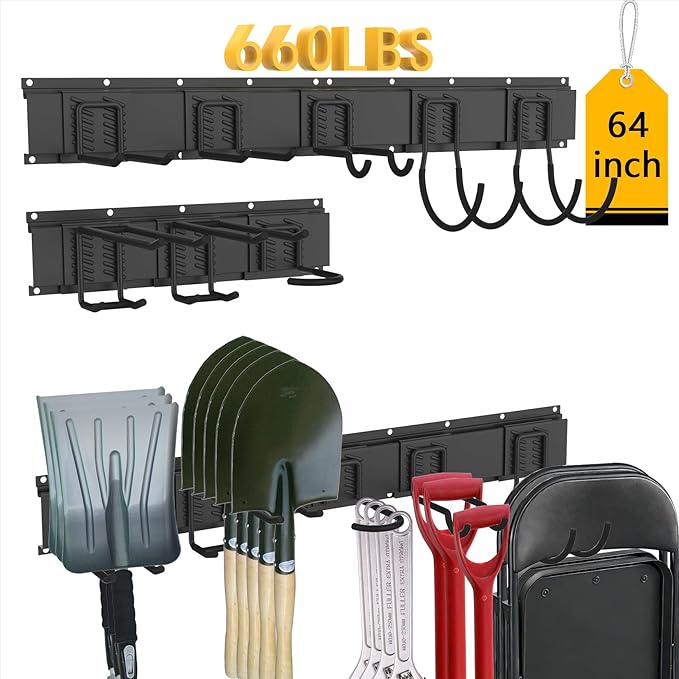 CBWLWJ Garage Tool Organizer Wall Mount, 64 inch Garage Wall Organizer, 660lbs Sturdy Garden Tool Organizer with 8 Adjustable Hooks, for Yard, Shed, Basement, Workshop(Black)