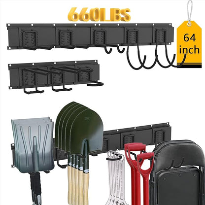 CBWLWJ Garage Tool Organizer Wall Mount, 64 inch Garage Wall Organizer, 660lbs Sturdy Garden Tool Organizer with 8 Adjustable Hooks, for Yard, Shed, Basement, Workshop(Black)