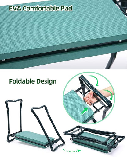 Ohuhu Garden Kneeler and Seat, Heavy Duty Garden Stool with EVA Foam Kneeling Pad, Foldable Gardening Bench with 2 Tool Pouches, 2-in-1 Portable Gardening Supplies, for Seniors