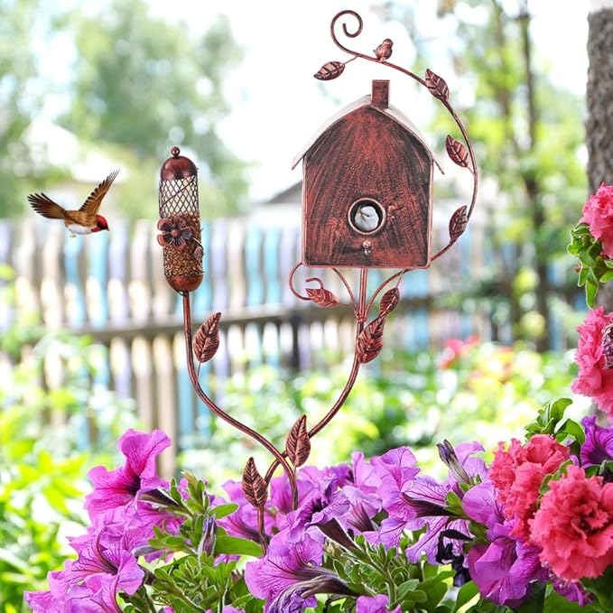 49" Bird Houses for Outside with Pole, Outdoor Metal Birdhouse with Mesh Feeder for Patio, Yard, Garden, Reddish Brown