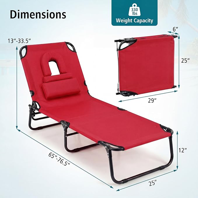 GYMAX Tanning Chair, 330lbs Beach Lounge Chair with Face Hole, Detachable Washable Pillow & Carry Strap, Adjustable Folding Chaise Lounge, Layout Chair for Outside, Patio, Poolside, Lawn (2, Red)