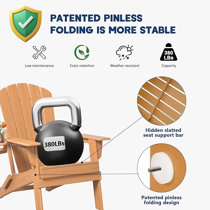 Plawdlik Folding Adirondack Chair, Cup Holder,SGS Tested, Wooden Textured, Heavy All-Weather HDPE Comfortable Set Poolside Backyard Lawn Teak Set 2