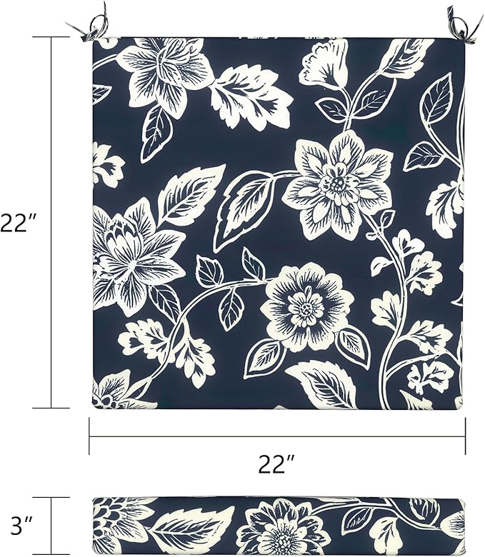 LVTXIII Outdoor Seat Cushions Set of 2 Square Chair Cushions with Ties, Patio Chair Pads for Home Office and Patio Garden Furniture Decoration 22"x22"x3", ‌Elegant Vines Navy