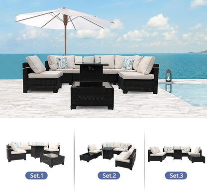 8 Pieces Patio Furniture Set with 28" Fire Pit Table, Wicker Outdoor Sectional Couch, Rattan Conversation Set for Backyard, Deck, Garden Lawn, Brown/Beige