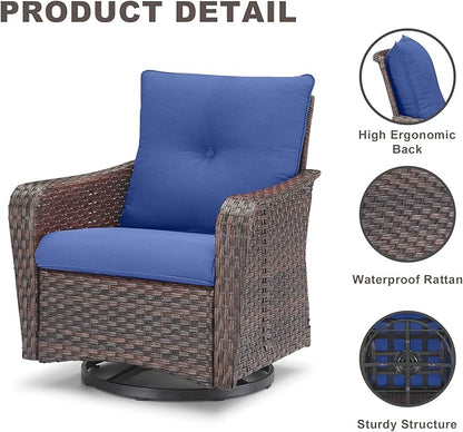 Rilyson Outdoor Patio Swivel Rocker Chairs - 4 PC Wicker Rattan Patio Rocking Glider Chair Set with High Back,Comfy Cushions and Deep Seating for Porch Deck Backyard Garden(Brown/Blue)