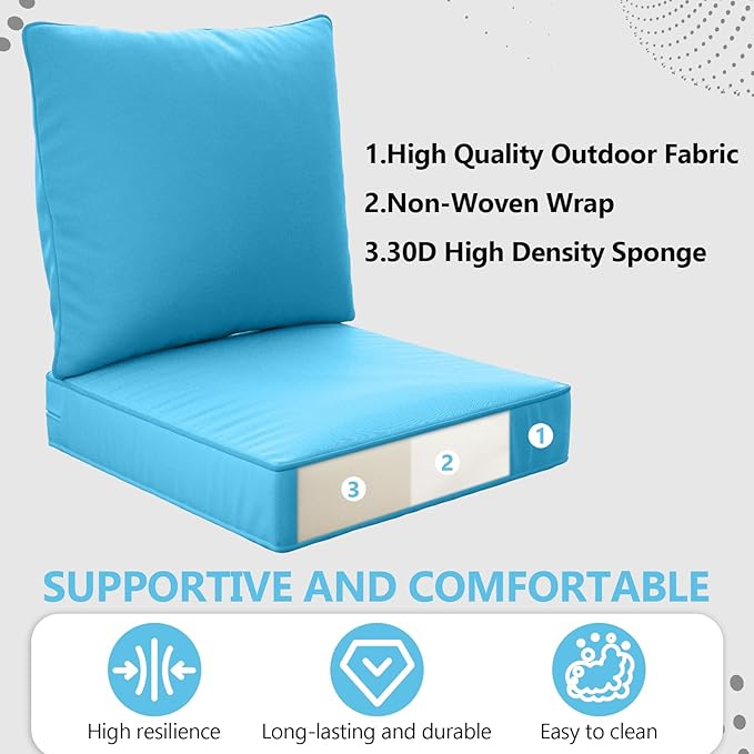 22" x 22" x 6" Outdoor Deep Seat Cushions Set - 2 Set Waterproof & Fade Resistant Patio Furniture Replacement Cushions, Non-Slip Outdoor Cushions Fit Loveseats, Couches, Chairs, and Sofas.