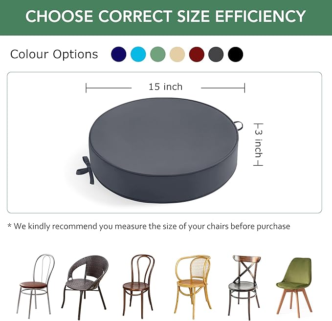 Summsun Outdoor Bistro Chair Cushions Set of 4, 15" D x 3" H Round Chair Cushions Waterproof and Fade Resistant Chair Cushion Pads with Non-Slip Ties and Removable Covers for Garden, Dark Grey