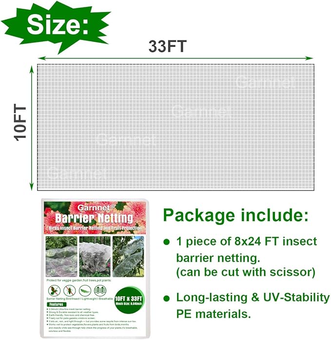 Garden Pest Barrier Netting, 10ftx33ft Ultra Fine Mesh Netting Bugs Out Net Covers Row Cover Protect Plants Flowers Against Cicada Birds Insect Strawberry Net for Blueberry Bush Trees Raised Bed