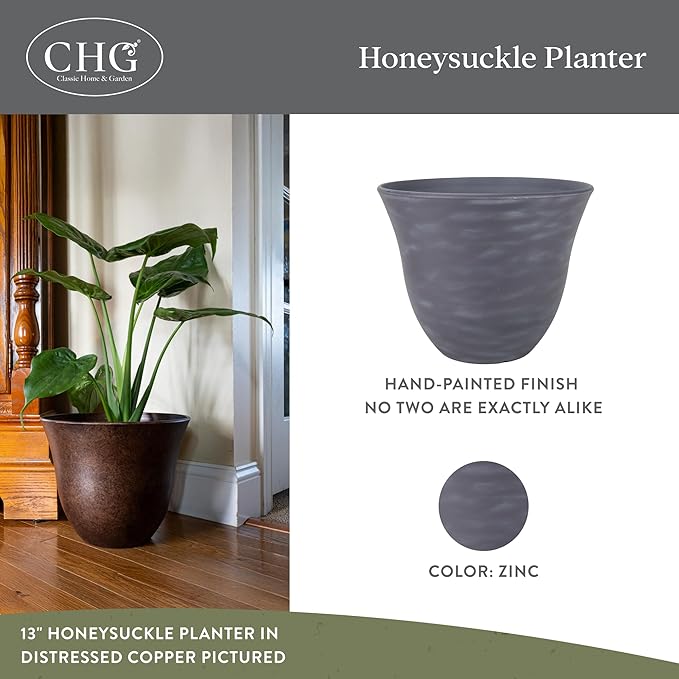 Classic Home and Garden Honeysuckle Resin Planters - Lightweight Indoor & Outdoor Plant Pots - UV-Resistant Plastic Flower Pots - Pot Planters for Flowers & Herbs (15" Zinc Grey)