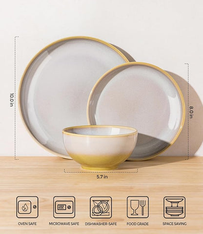 TheTerra Stoneware Dinnerware Sets for 4, 12 Pieces Ceramic Plates and Bowls Sets, Scratch Resistant Dish Set, Oven, Microwave & Dishwasher Safe, Autumn Haze