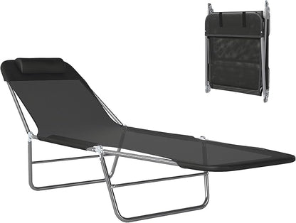 Outsunny Folding Chaise Lounge Pool Chairs, Outdoor Sun Tanning Chairs with Pillow, Reclining Back, Steel Frame & Breathable Mesh for Beach, Yard, Patio, Black