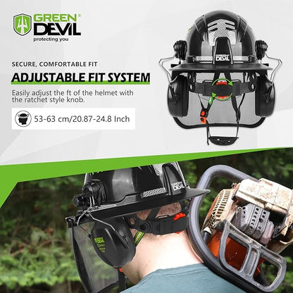 GREEN DEVIL Industrial Chainsaw Helmet with Face Shield Built in Visor and Ear Muffs 4 in 1 System ANSI Z89.1 Safety Hard Hat Adjustable Headgear Ideal for Forestry and Arborist Work Full Brim Style