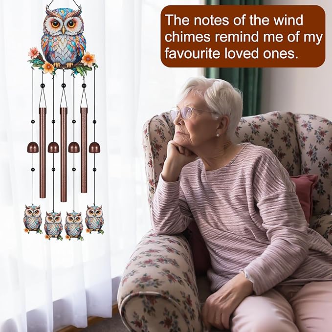 Owl Wind Chimes for Outside,Metal Windchimes with S Hook with Playful Design Wind Chime Garden Decor Outdoor Ideal Memorial/Housewarming/Birthday/Festival Gifts Front Yard Decor