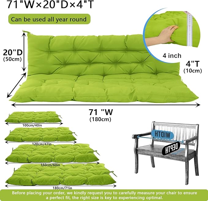 Outdoor Swing Cushions 3 Seater Waterproof, Replacement Bench Cushions for Outdoor Patio Furniture with Backrest, Porch Swing Cushion with Ties for Lawn and Garden (Grass Green, 40x71in)