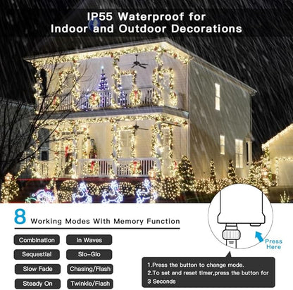 AmyHomie Color Changing Christmas Lights, 108Ft 300LED White Warm White String Lights, 8 Modes Waterproof Fairy String Lights for Outdoor & Indoor Christmas Tree Home Patio Garden Decor