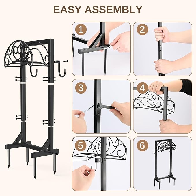 Freestanding Garden Hose Stand, Heavy Duty Water Hose Holder with Tool Hooks, 4 Anchoring Spikes, 150 ft Storage for Yard & Lawn