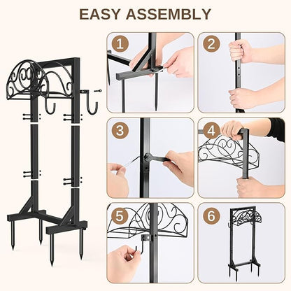 Freestanding Garden Hose Stand, Heavy Duty Water Hose Holder with Tool Hooks, 4 Anchoring Spikes, 150 ft Storage for Yard & Lawn